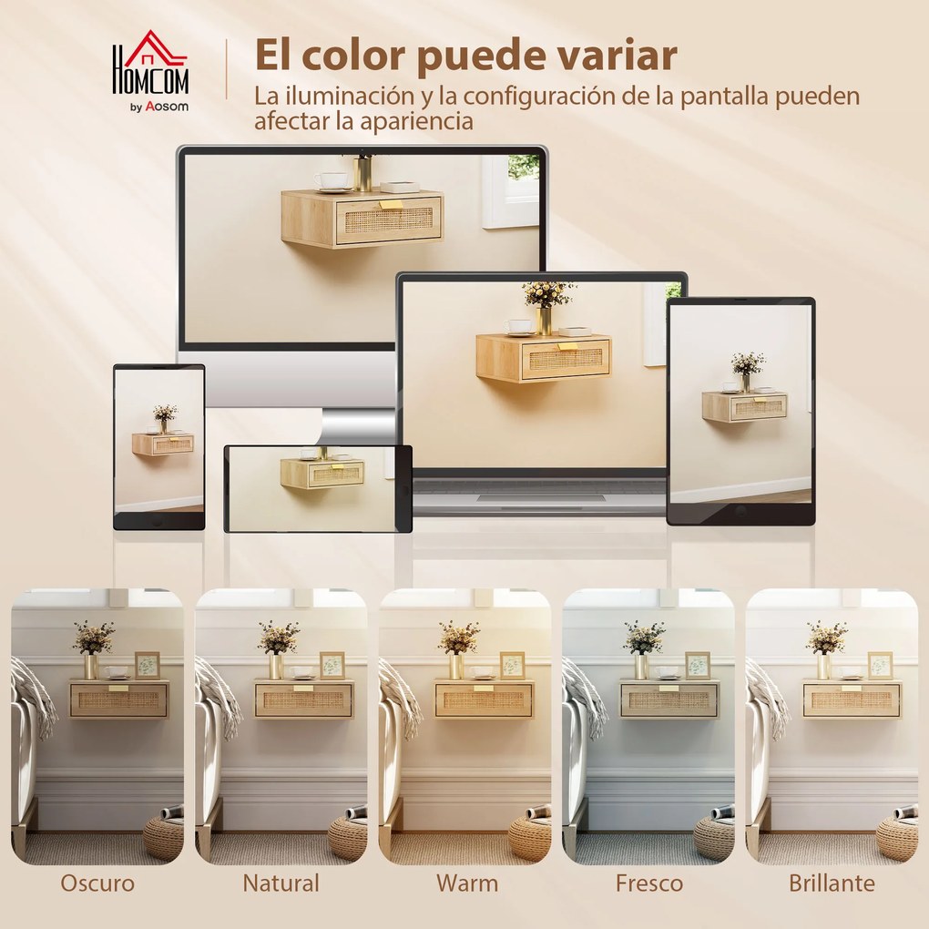 HOMCOM Set de 2 Noptiere Suspendate cu Sertar din Ratan Economisește Spațiu Design Modern 40x30x15 cm Natural | Aosom Romania