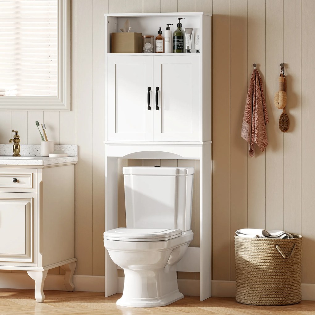 HOMCOM Dulap peste WC Mobilier de baie cu 2 uși cu închidere silențioasă Raft deschis 64x21x173,5 cm Alb | Aosom Romania