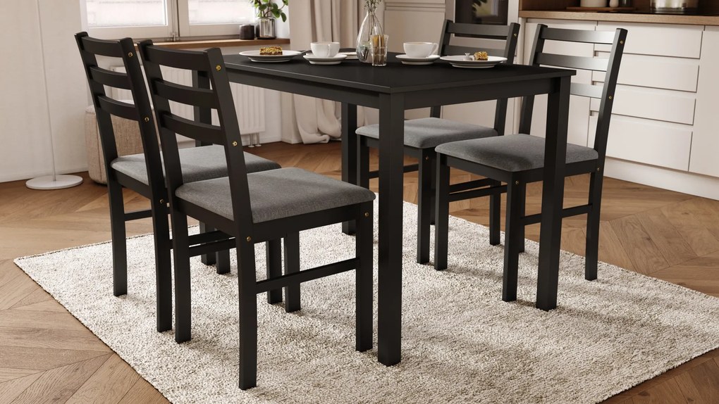 MAZZONI EXPORT Set TORINO masă + 4 scaune Negru/Gri deschis (material Sawana 21) - SET DE LEMN PENTRU BUCĂTĂRIE/SUFRAGERIE