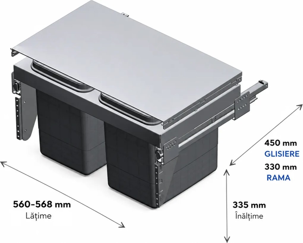 Cos gunoi incorporabil Unika 60 Ecomax, cu extragere automata, colectare selectiva, gri, 2 x 15 l H:335 mm; L:560-568 mm; A:450 mm, Plastic metal, 600