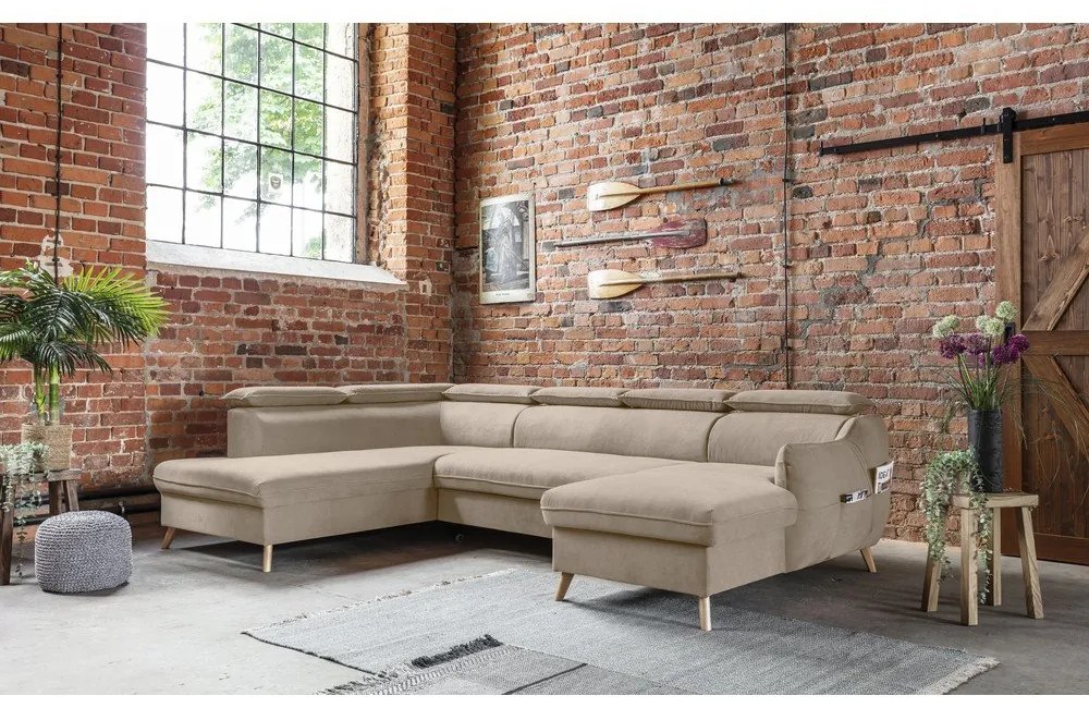 Colțar bej extensibil cu tapițerie din catifea (cu colț pe partea stângă /în formă de "U") Sweet Harmony – Miuform