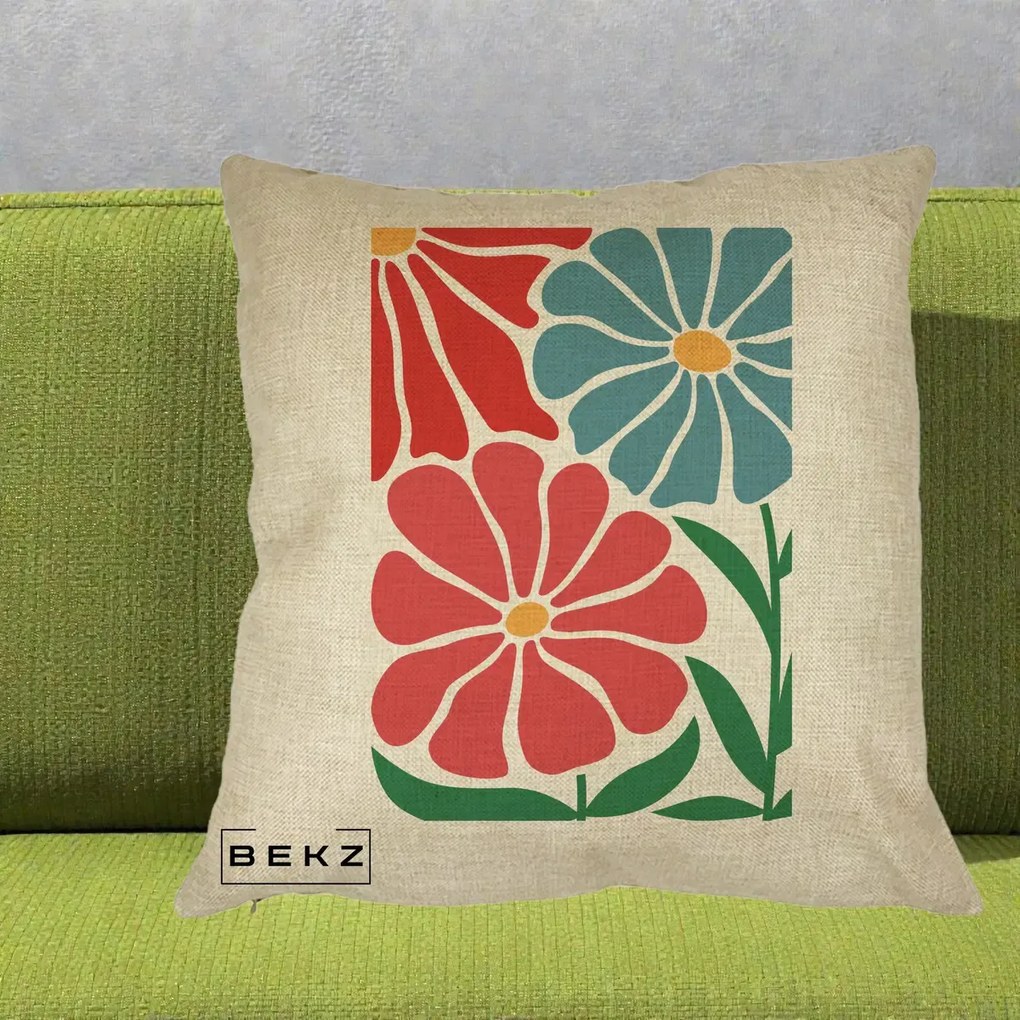 Perna Decorativa Flori Grafice Rosu-Albastru, 40x40 cm, Crem, Husa Detasabila, Perna Inclusa, BEKZ®