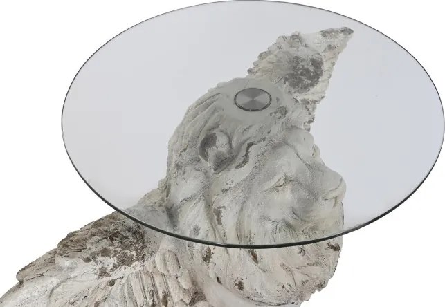 Măsuță laterală sculptată din oxid de magneziu, leu înaripat, blat din sticlă, finisaj gri antichizat, 96 x 62 x 61 cm, „Leon"