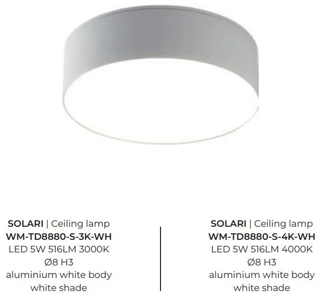 Spot aplicat, Plafoniera LED 3000K SOLARI alb, 8cm