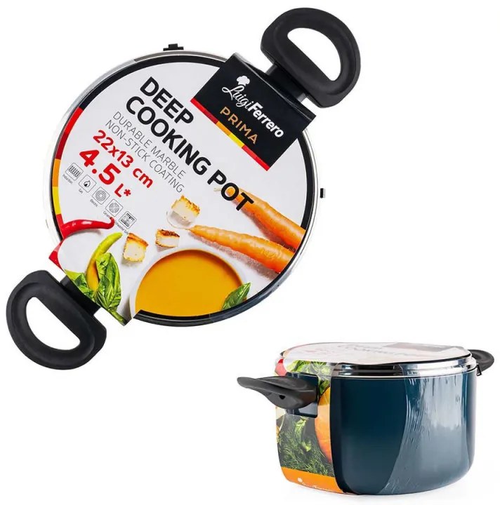 Oala cu capac din sticla Luigi Ferrero Prima FR-2245D, 22x13 cm, 4.5 l, Acoperire antiaderenta cu efect de marmura, Inductie, Albastru