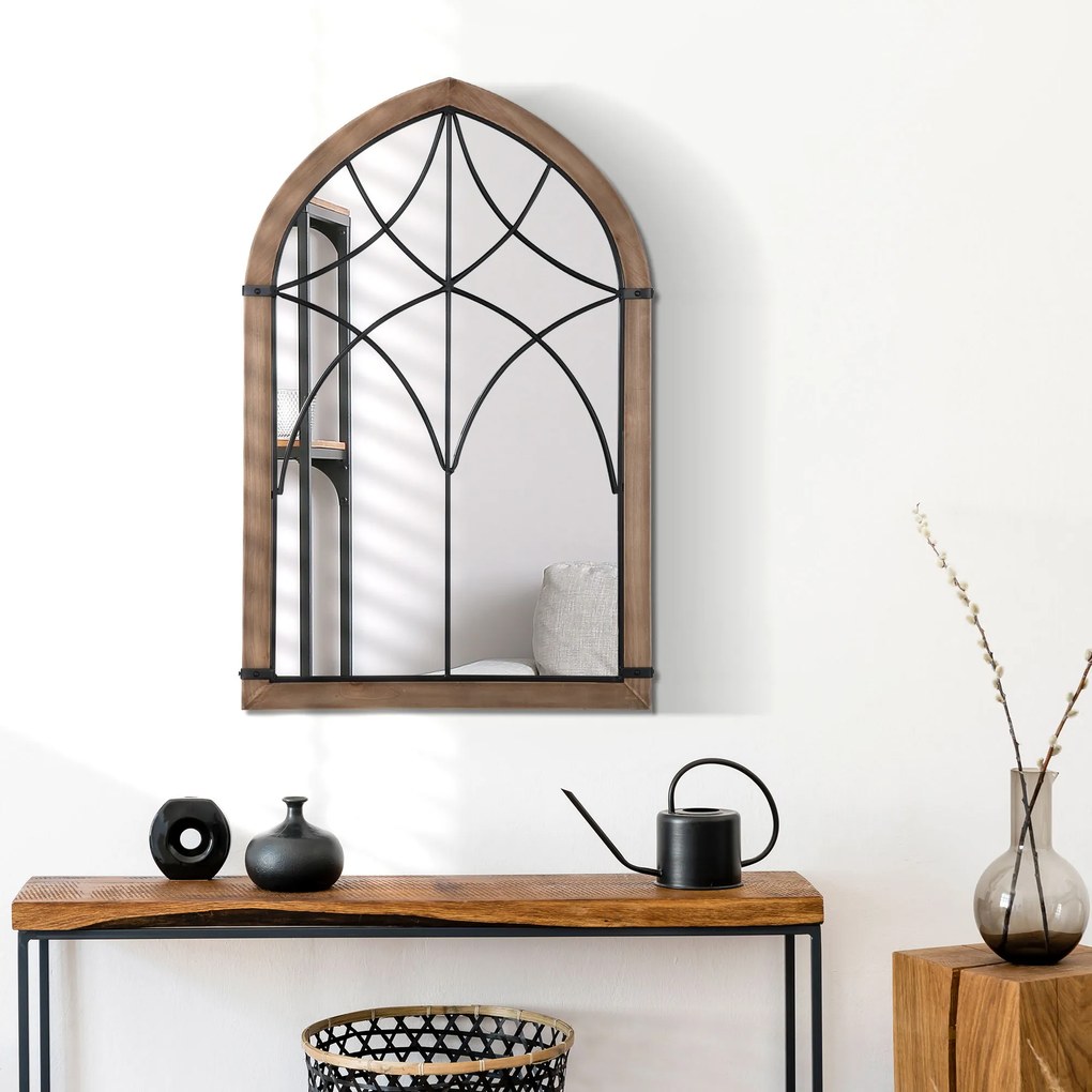 HOMCOM Oglindă de Perete cu Formă de Arc, Detalii Moderne și Cârlige, Oglindă din MDF și Sticlă, 60x93 cm, Maro și Negru | Aosom Romania