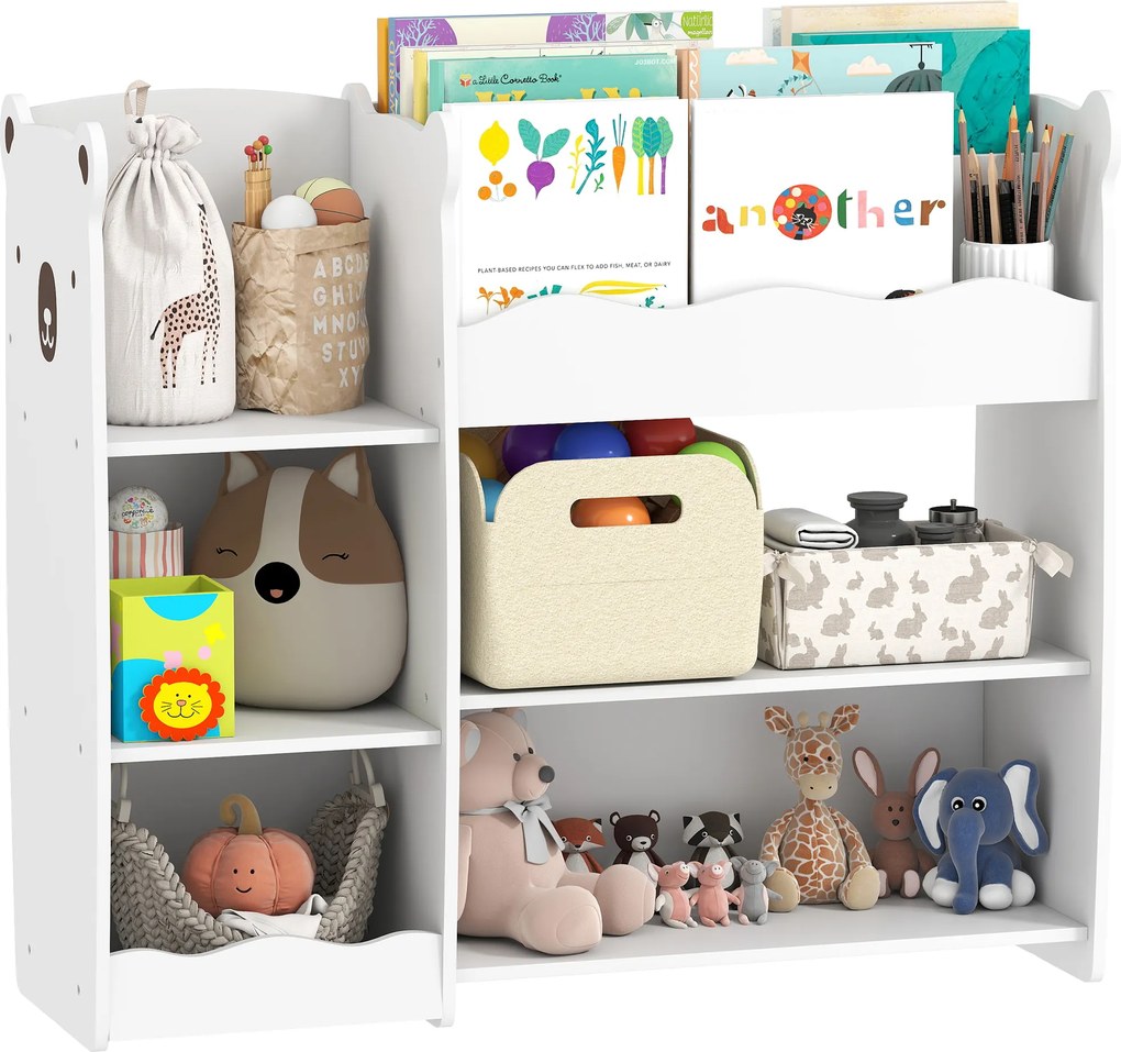 AIYAPLAY Etajeră pentru jucării pentru copii Rafturi deschise Compartimente Design cu ursuleți Organizator de jucării Alb | Aosom Romania