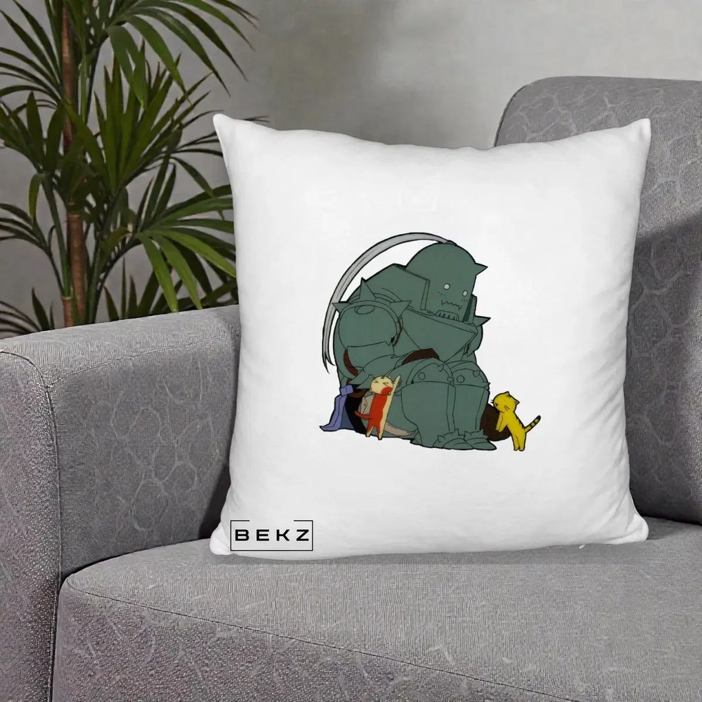 Perna Personalizata Fullmetal Alchemist Alphonse cu Pisici, 40x40 cm, Alb Pufos, Husa Detasabila, Perna Inclusa, BEKZ®