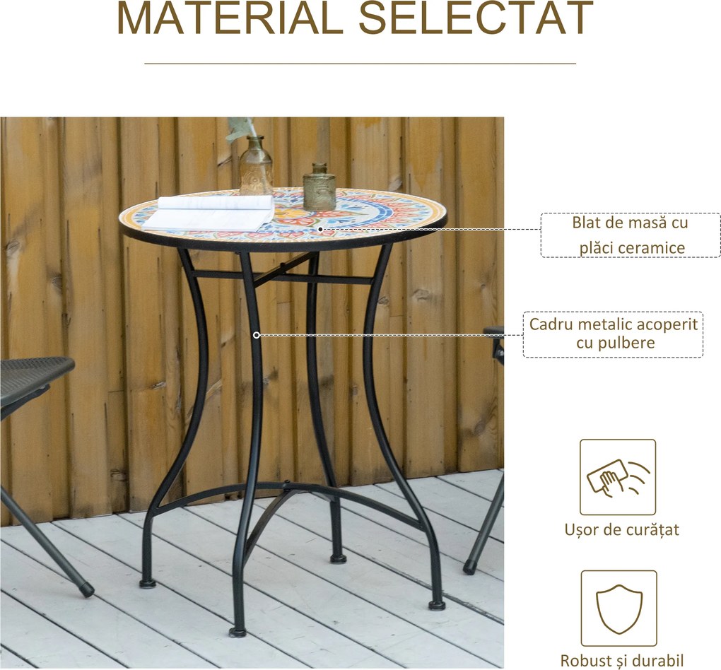 Outsunny Masa Rotunda Stil Bistro de 60 cm cu Mozaic pentru Gradina, Veranda, Exterior, Balcon, Gri | Aosom Romania