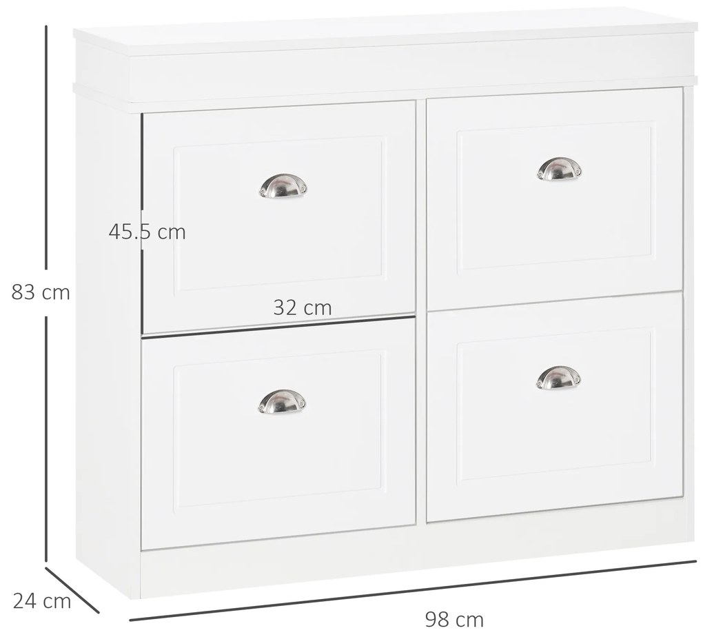 HOMCOM Dulap de Pantofi cu 4 Sertare, Deschidere Batantă și Etajeră Reglabilă, 98x24x83 cm, Alb | Aosom Romania