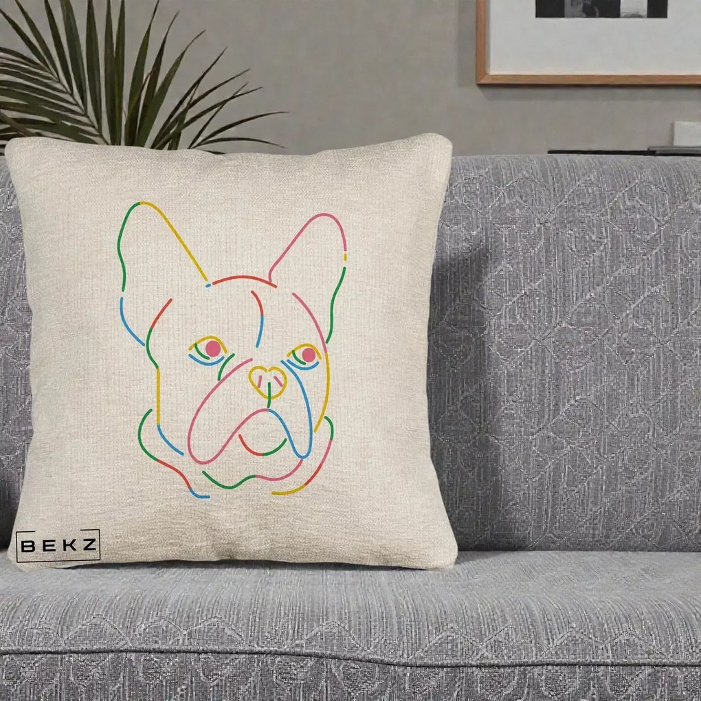 Perna Decorativa Bulldog Francez Line Art Curcubeu, 40x40 cm, Bej Canapea, Husa Detasabila, Perna Inclusa, BEKZ®
