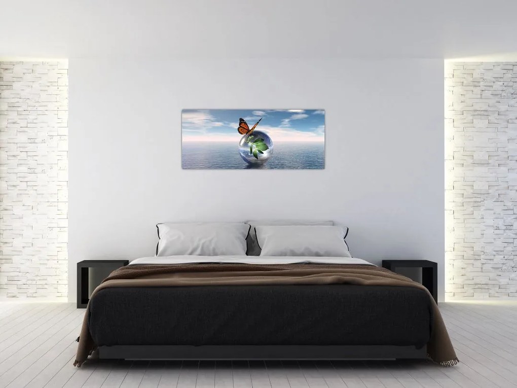 Tablou cu fluture pe bilă din sticlă (120x50 cm)