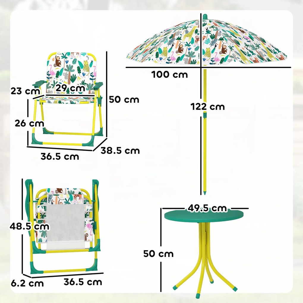 AIYAPLAY Masă de Picnic pentru Copii, Set Masă și Două Scaune Pliabile cu Umbrelă Demontabilă, Tematică Jungle, Mobilier de Exterior pentru Grădină, Terasă, Verde | Aosom Romania