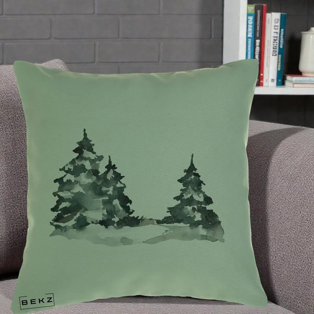 Perna Decorativa Brazi Inzapeziti Acuarela, 40x40 cm, Verde, Husa Detasabila, Perna Inclusa, BEKZ®