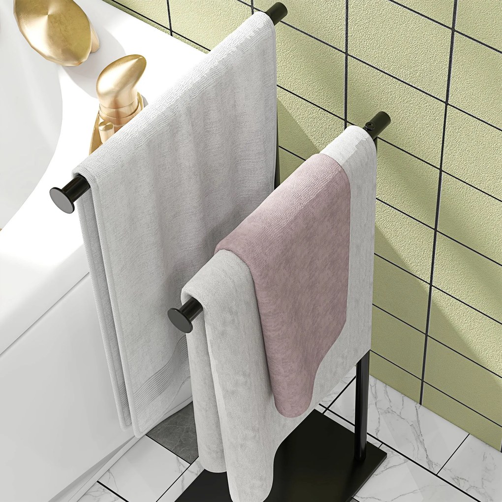 HOMCOM Suport Prosoape cu 2 Brațe, Suport Baie din Metal, 35,5x20x78 cm, Negru | Aosom Romania