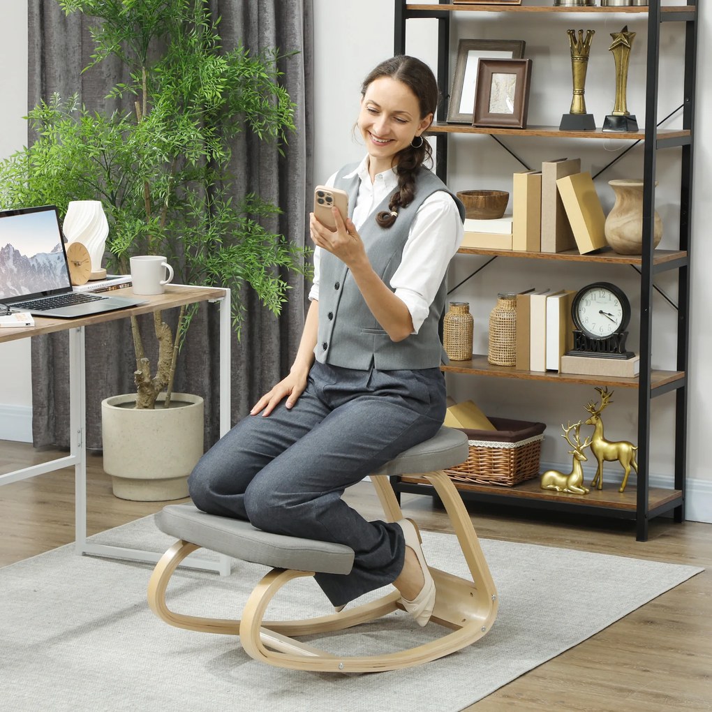 HOMCOM Scaun pentru genunchi cu balansare, din țesătură cu aspect de in și lemn, Gri | Aosom Romania