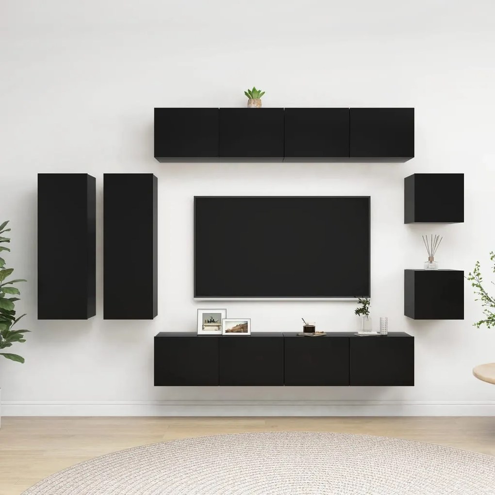 3078810 vidaXL Set dulapuri TV, 8 piese, negru, lemn prelucrat