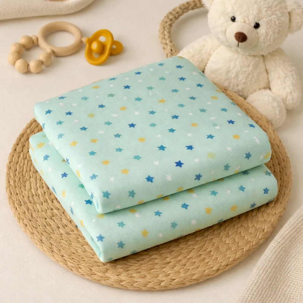 Set 2 scutece finet 100% bumbac pentru bebelusi ,   70A 80 cm ,   Starry Sky Mint