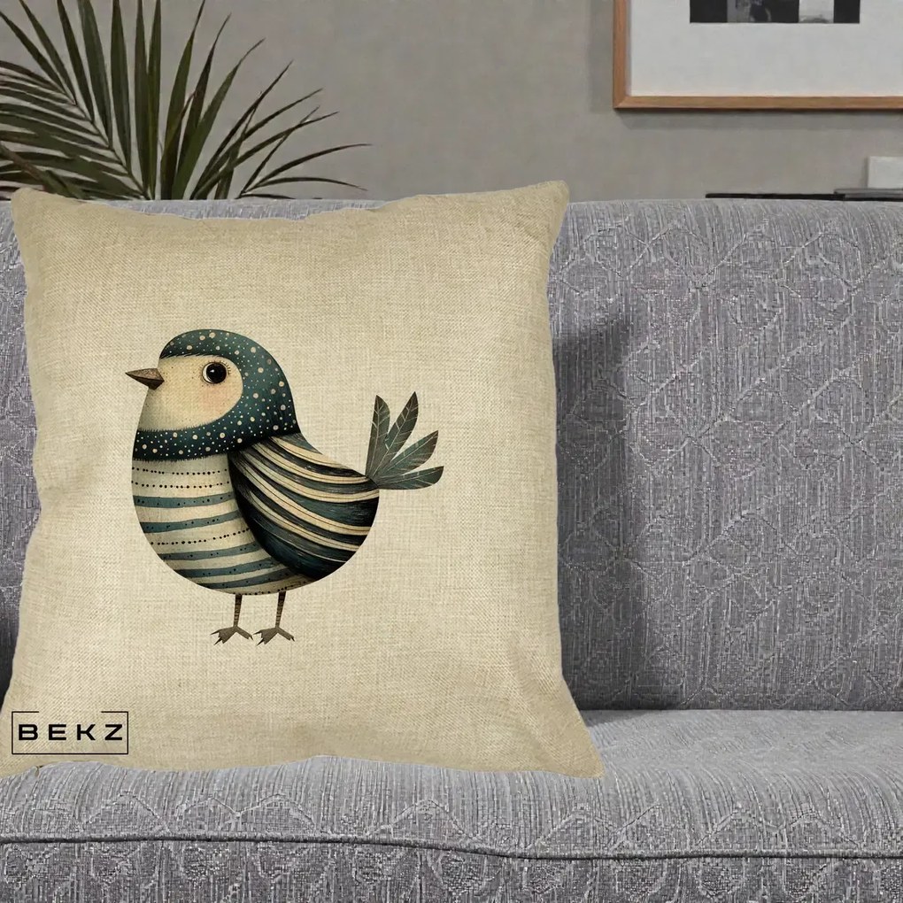 Perna Decorativa Pasare Teal Decorativa Dungata, 40x40 cm, Crem, Husa Detasabila, Perna Inclusa, BEKZ®