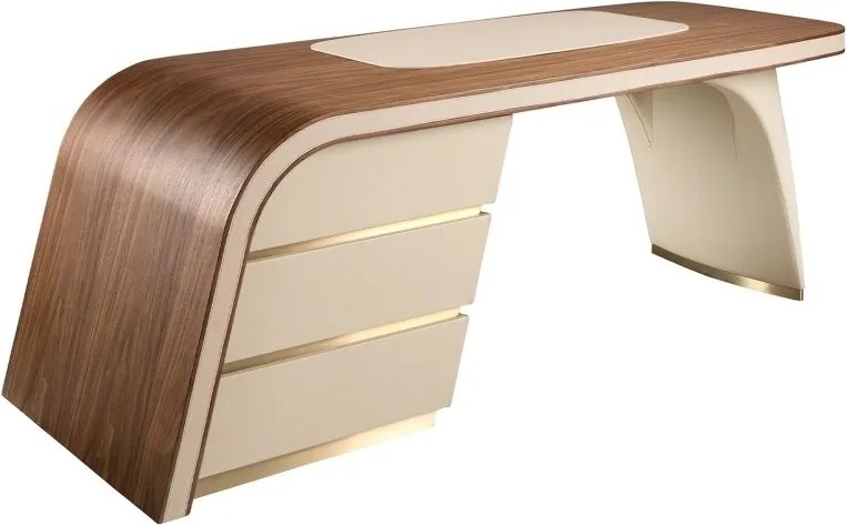 Birou cu design modern din lemn furniruit si piele sintetica Cream