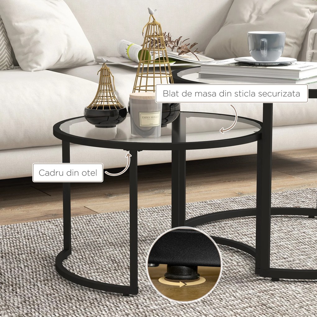 HOMCOM Set de 2 Mese de Cafea Suprapozabile din Sticlă și Oțel, Ø70x47.5 cm și Ø54x42.5 cm, Negru | Aosom Romania