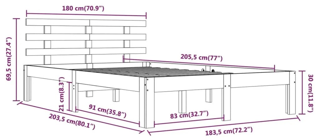 Cadru de pat Super King 6FT, 180x200 cm, negru, lemn masiv pin Negru, 180 x 200 cm