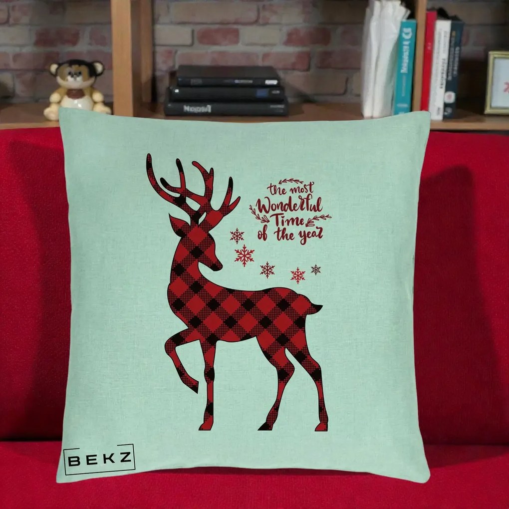Perna Decorativa Ren Buffalo Plaid Craciun, 40x40 cm, Verde Menta, Husa Detasabila, Perna Inclusa, BEKZ®