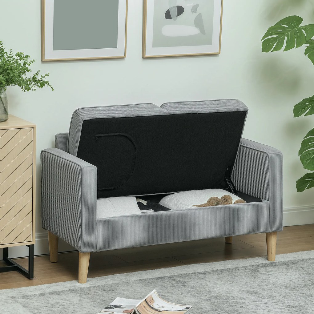 HOMCOM Canapea 2 locuri cu spațiu de depozitare și picioare solide din lemn, pentru living, dormitor, 117 x 63 x 79 cm, Gri deschis | Aosom Romania