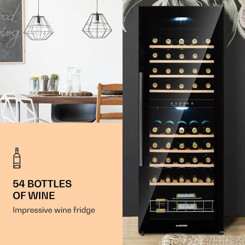 Klarstein Barossa 54 Duo, Frigider pentru vin, 2 zone, 148 litri, 54 sticle cu ecran tactil
