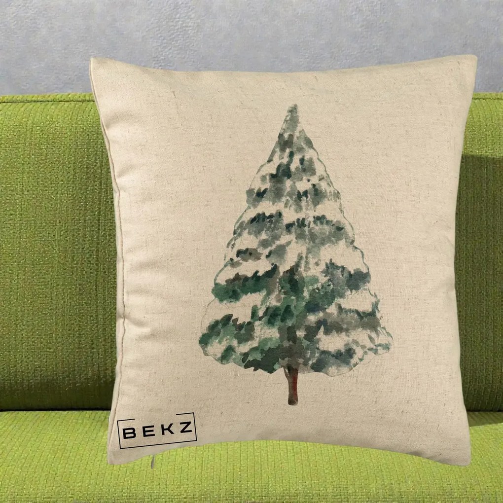 Perna Decorativa cu tematica de Craciun, Brad 2, 40x40 cm, Bej, Husa Detasabila, Perna Inclusa, BEKZ®