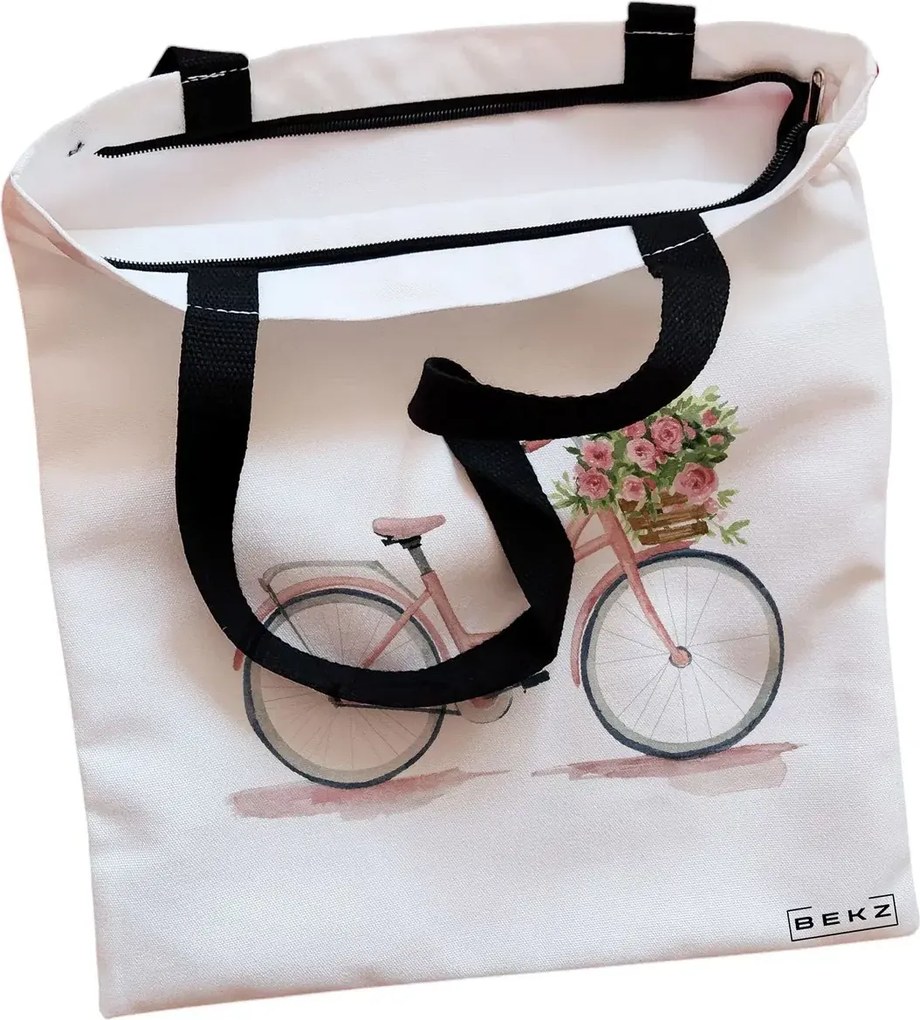 Sacosa de Panza pentru Cumparaturi, Geanta Tote, model Pink Bicycle, Cu fermoar, 38x34.5 cm, Alba, BEKZ®