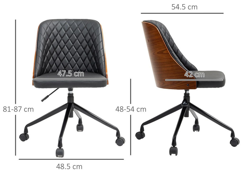 Scaun de birou Vinsetto, Scaun de birou, Scaun rotativ acasă, Scaun de birou reglabil ergonomic cu roți pivotante 360°, Spumă PU Negru 48,5 x 54,5 x 81-87 cm | Aosom Romania