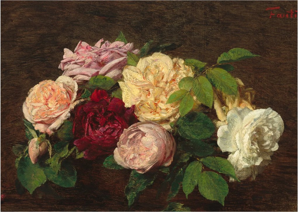 Tablou pe sticlă - Henri Fantin-Latour, Roses de Nice on a Table, reproducere (70x50 cm)
