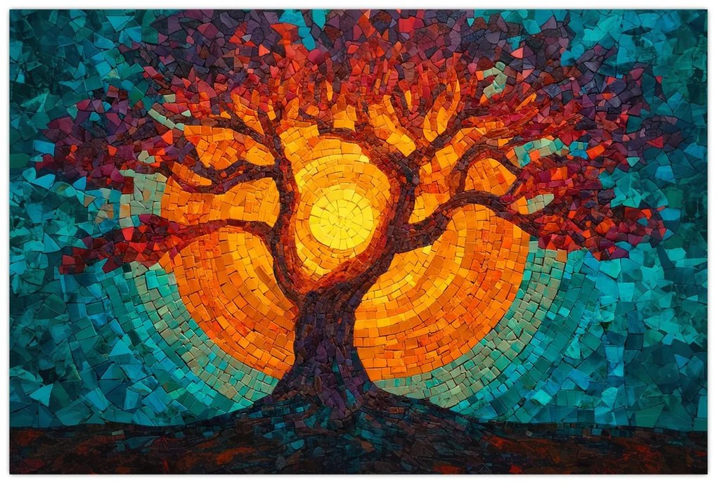 Tablou - Arborele vieții și soarele în mozaic (90x60 cm)