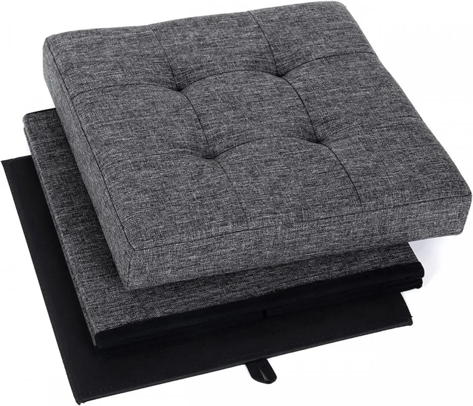 Taburet cu capac si spatiu depozitare, MDF / textil, gri inchis, Songmics
