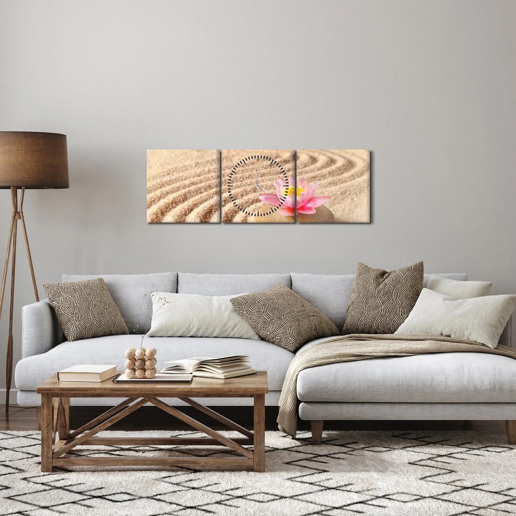 Tablou cu piatră și floare pe nisip (cu ceas) (90x30 cm)
