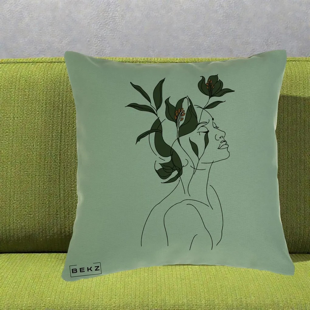 Perna Decorativa Portret Feminin Crin Verde, 40x40 cm, Verde, Husa Detasabila, Perna Inclusa, BEKZ®