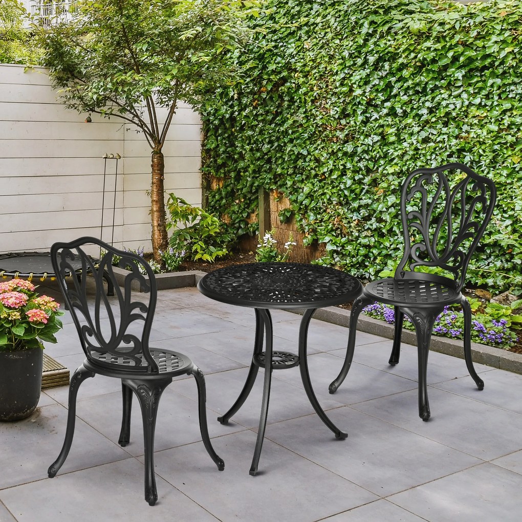 Outsunny Set de Grădină Exterior, Masă Rotundă și Scaune din Aluminiu, Masă de Bistrou cu Orificiu pentru Umbrelă, Mobilier pentru Terasă, Grădini, Verande, Balcoane, Lângă Piscină – Negru | Aosom Romania