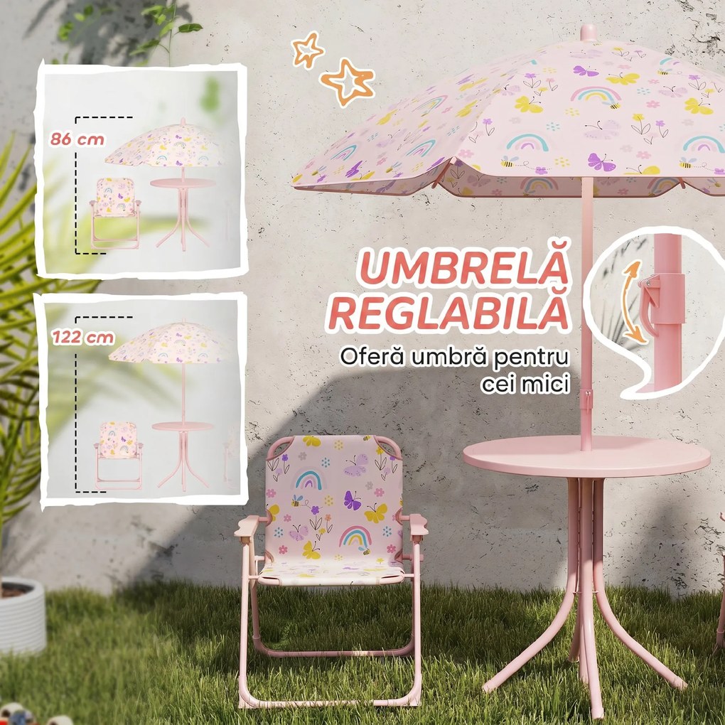AIYAPLAY Set de Mobilier de Grădină din 4 Piese cu Masă, Scaune și Umbrelă de Soare Reglabilă, 50xΦ49,5 cm, Roz | Aosom Romania