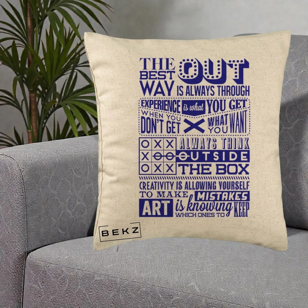 Perna Decorativa Citate Creativitate Albastru, 40x40 cm, Bej, Husa Detasabila, Perna Inclusa, BEKZ®