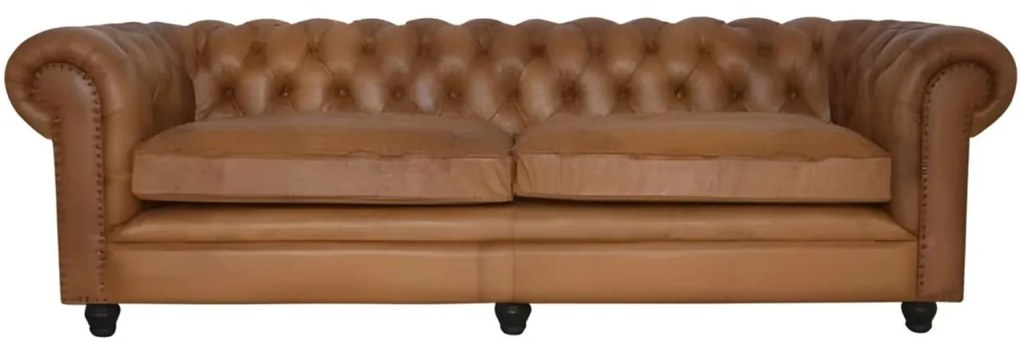 Canapea Chesterfield 3 locuri, din piele naturală, cognac, 240 x 97 x 75 cm