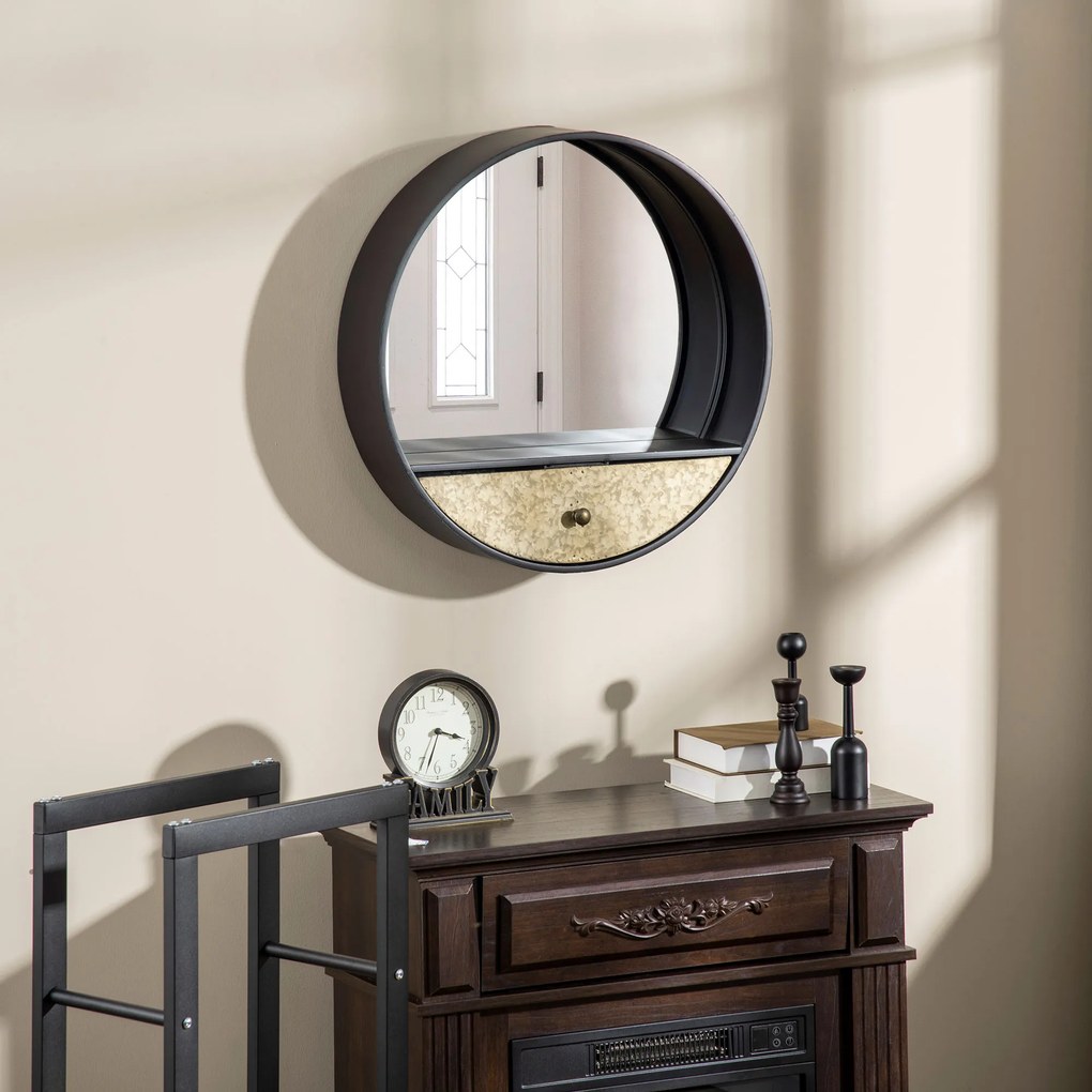 HOMCOM Oglindă Decorativă Rotundă cu Sertar, Cadru Metal și MDF, Ø61cm, Negru, pentru Living și Dormitor | Aosom Romania