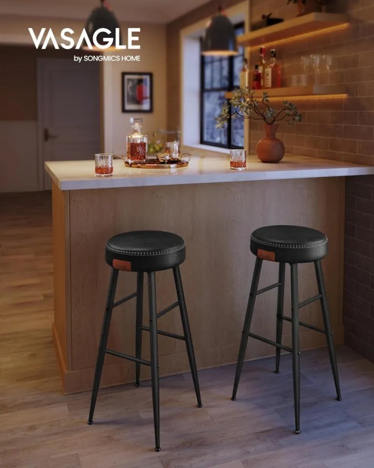 Set 2 scaune bar, diametru 33 cm, piele ecologica / metal, negru, Vasagle