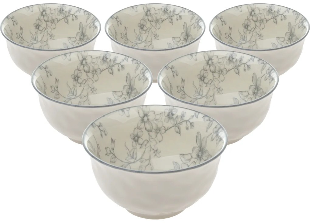Set de 6 boluri din ceramică Flori delicate 11.5 cm, gri