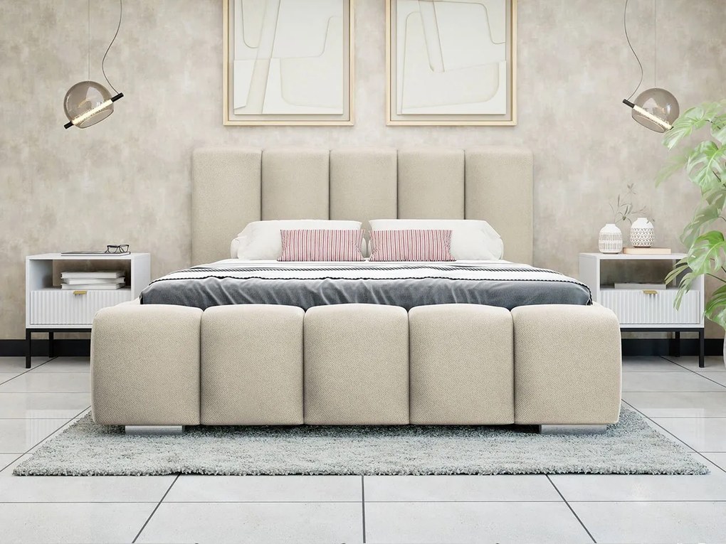 Pat matrimonial 160 cm Leskana (Bej) (cu somieră) (cu sp. depozitare). Promo -17%. 1104254