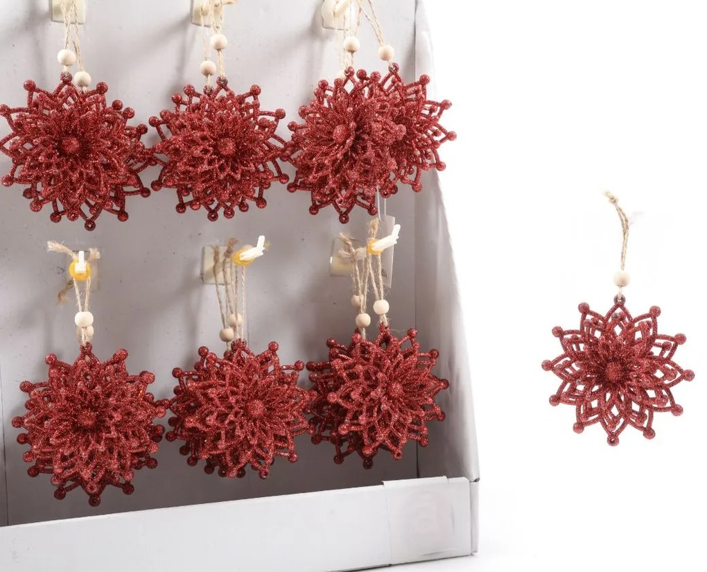Set  6 decoratiuni 3D pentru brad , cu sclipici, diametru 10 cm, culoare Rosu