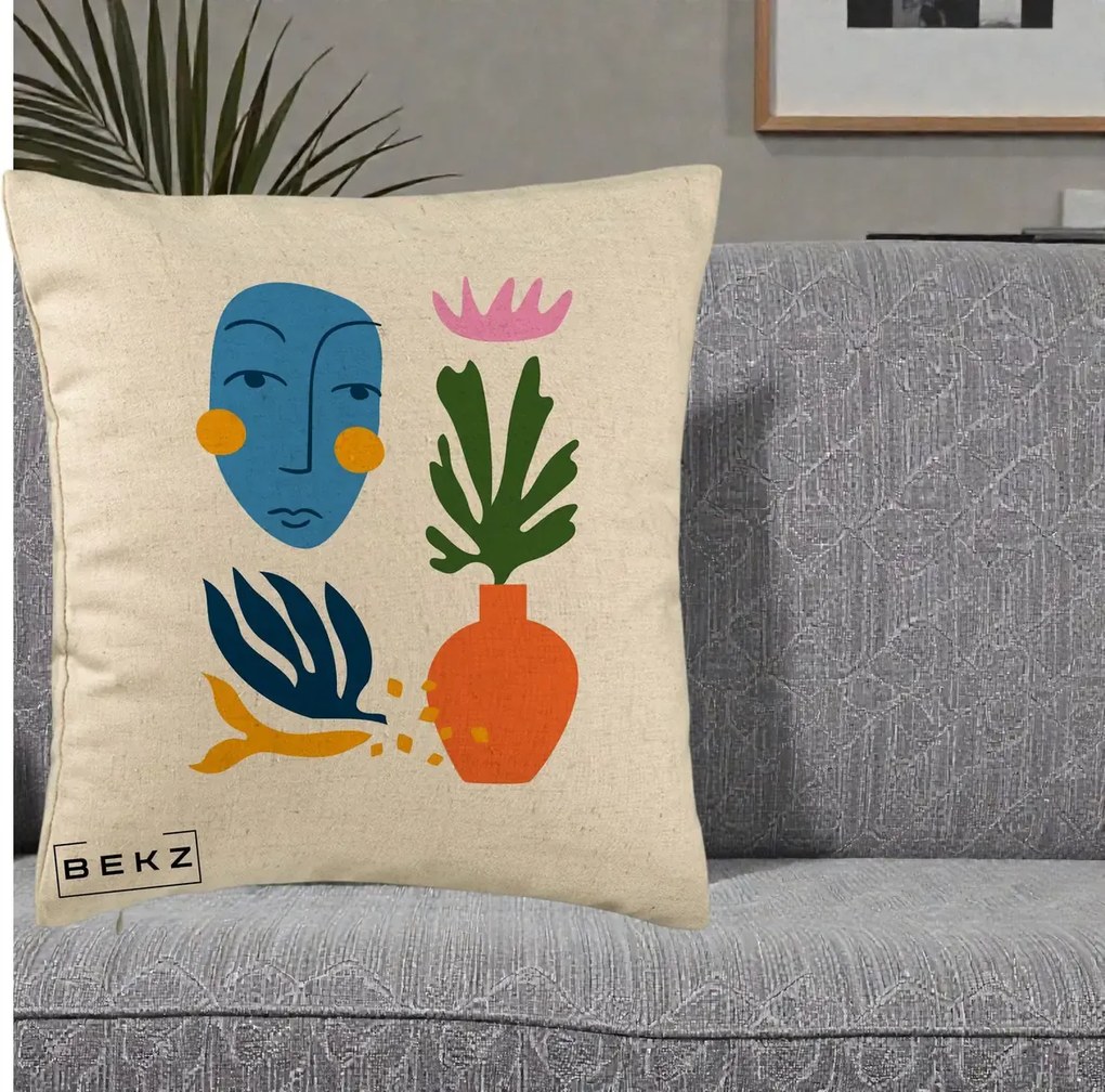 Perna Decorativa Masca Botanica Abstracta, 40x40 cm, Bej, Husa Detasabila, Perna Inclusa, BEKZ®