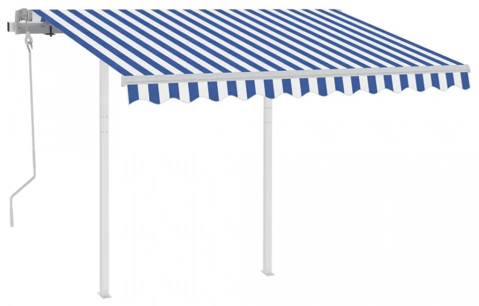 Copertină retractabilă manual cu stâlpi albastru/alb 3,5x2,5 m