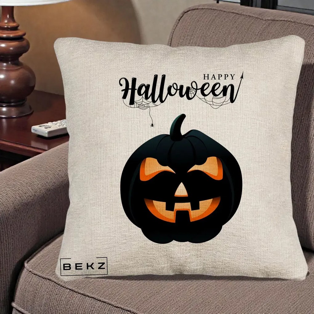 Perna Decorativa Happy Halloween Dovleac Negru cu Paianjen, 40x40 cm, Bej Canapea, Husa Detasabila, Perna Inclusa, BEKZ®