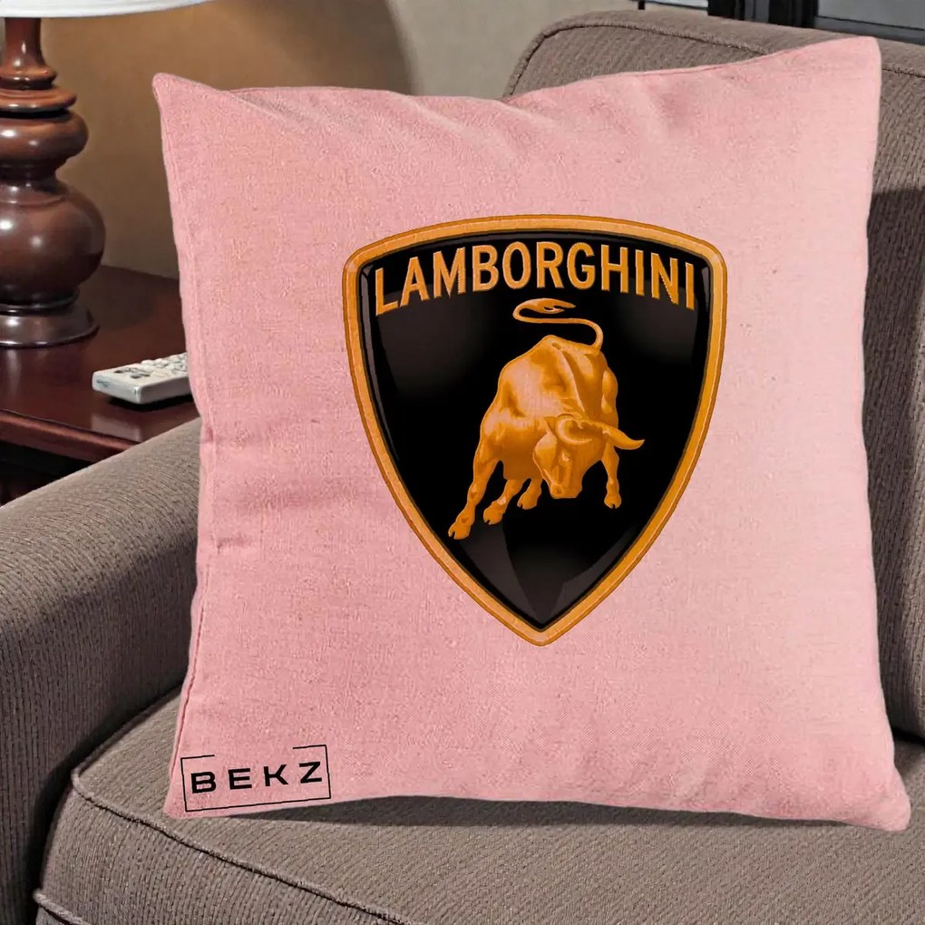 Perna Personalizata cu emblema Lamborghini, 40x40 cm, Roz, Husa Detasabila, Perna Inclusa, BEKZ®